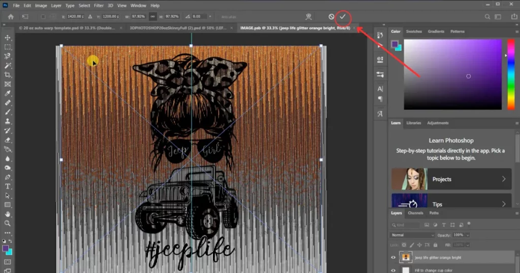 adjust the size, hit the right tick icon