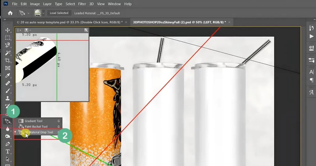 select the paint bucket tool and choose 3d material drop mode