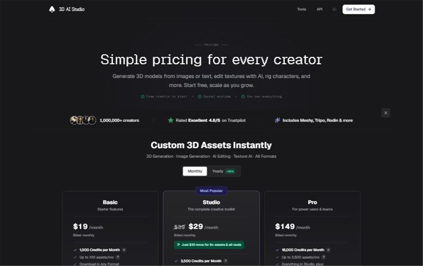 3D AI Studio pricing page showing its plans