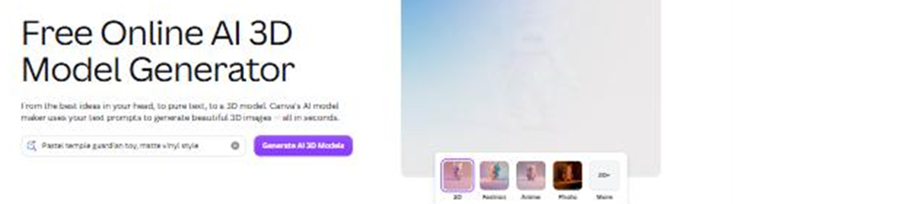 Canva stating its AI model maker uses text prompts to generate 3D images